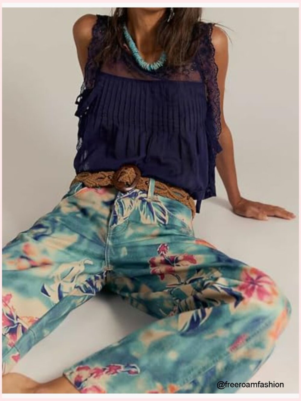 Women Boyfriend Baggy Barrel Jeans Floral Print Denim Ankle Pants Wide Leg Mid - Picture 5 of 7